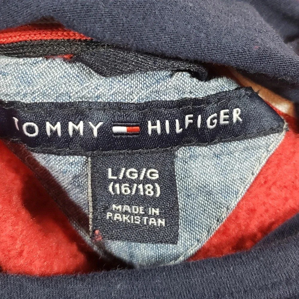 Tommy Hilfiger Red Hoodie Pullover Logo Emblem Fleece‎ Lined Boys Youth L 16 18